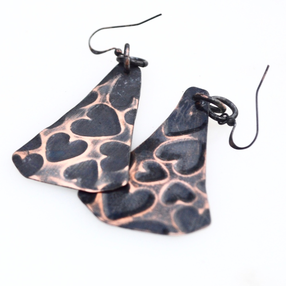 Heart Hearts Solid Copper Embossed Patina Earrings Raw Rustic Gift Boho Handmade - Picture 4 of 4